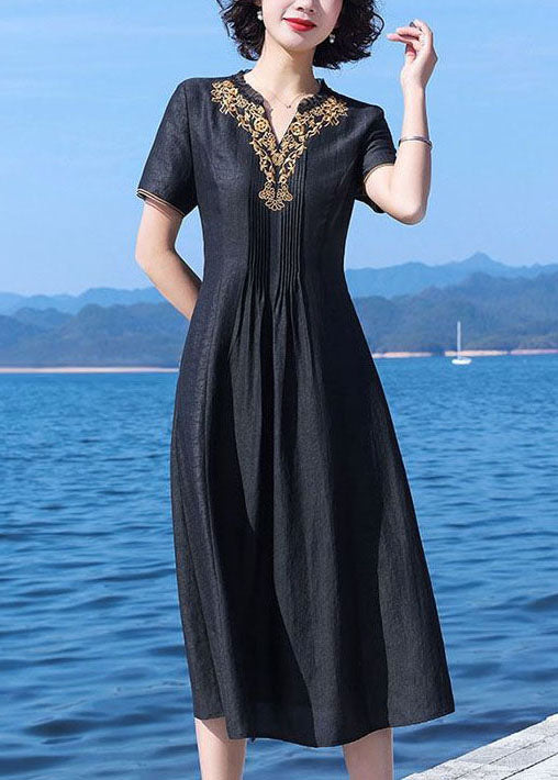 Fine Black V-Neck Wrinkled Patchwork Embroideried Silk Dress Summer LY2236 - fabuloryshop