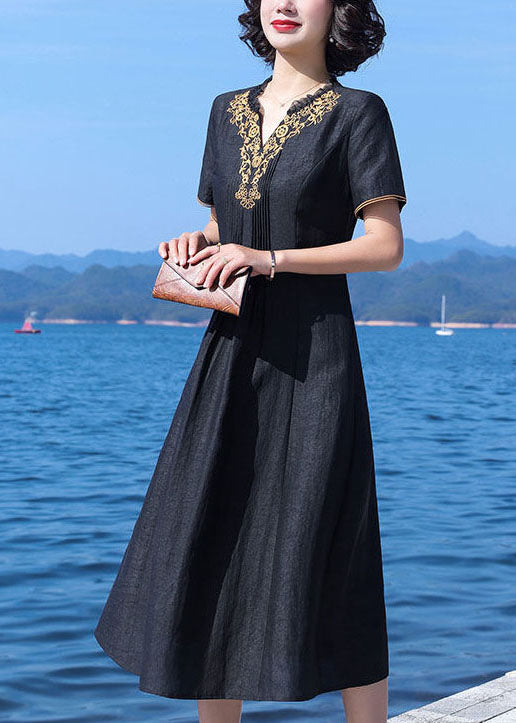 Fine Black V-Neck Wrinkled Patchwork Embroideried Silk Dress Summer LY2236 - fabuloryshop