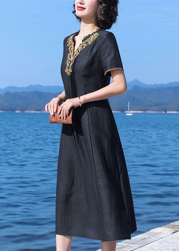 Fine Black V-Neck Wrinkled Patchwork Embroideried Silk Dress Summer LY2236 - fabuloryshop