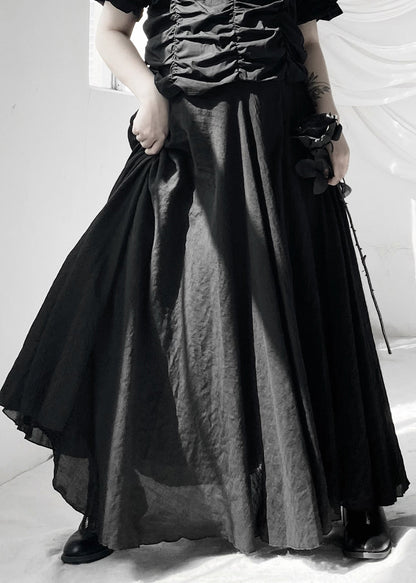 Fine Black Wrinkled Elastic Waist Maxi Skirts Ada Fashion