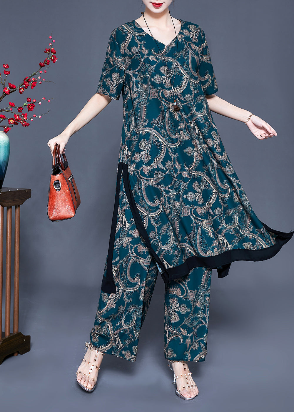 Fine Blackish Green V Neck Patchwork Print Silk Two Pieces Set Summer LY0922 - fabuloryshop