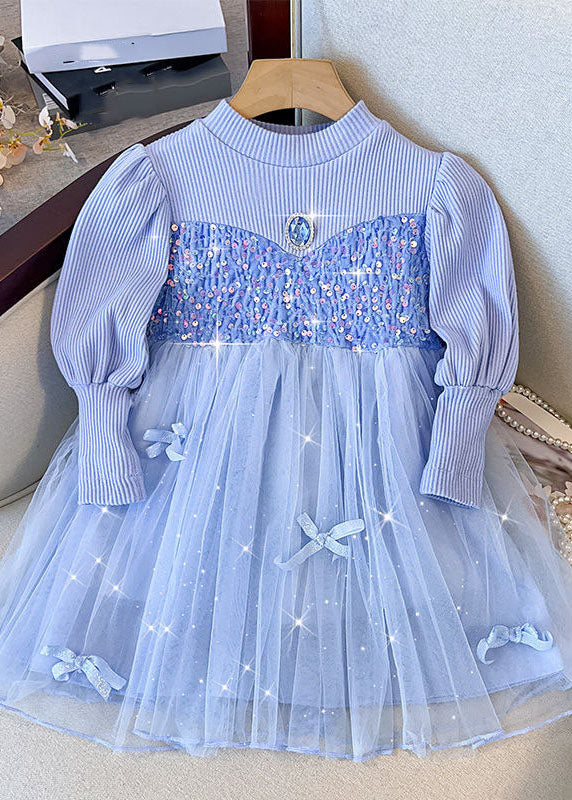 Fine Blue Knit Patchwork Sequins Diamond Tulle Girls Long Dress Fall Ada Fashion