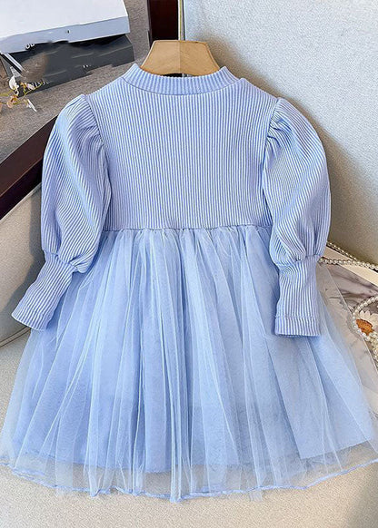 Fine Blue Knit Patchwork Sequins Diamond Tulle Girls Long Dress Fall Ada Fashion