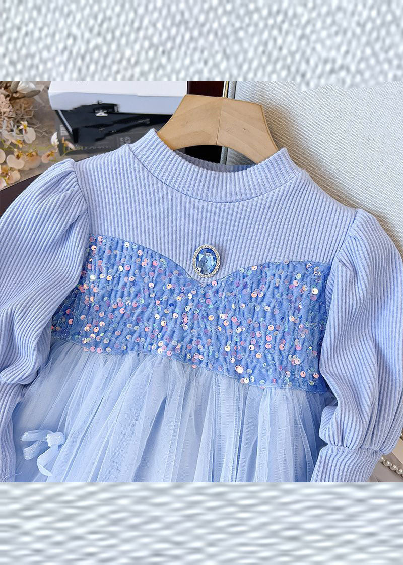 Fine Blue Knit Patchwork Sequins Diamond Tulle Girls Long Dress Fall Ada Fashion