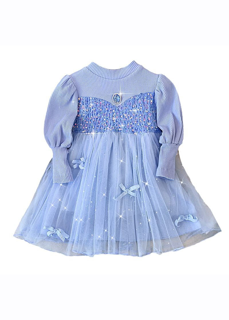 Fine Blue Knit Patchwork Sequins Diamond Tulle Girls Long Dress Fall Ada Fashion