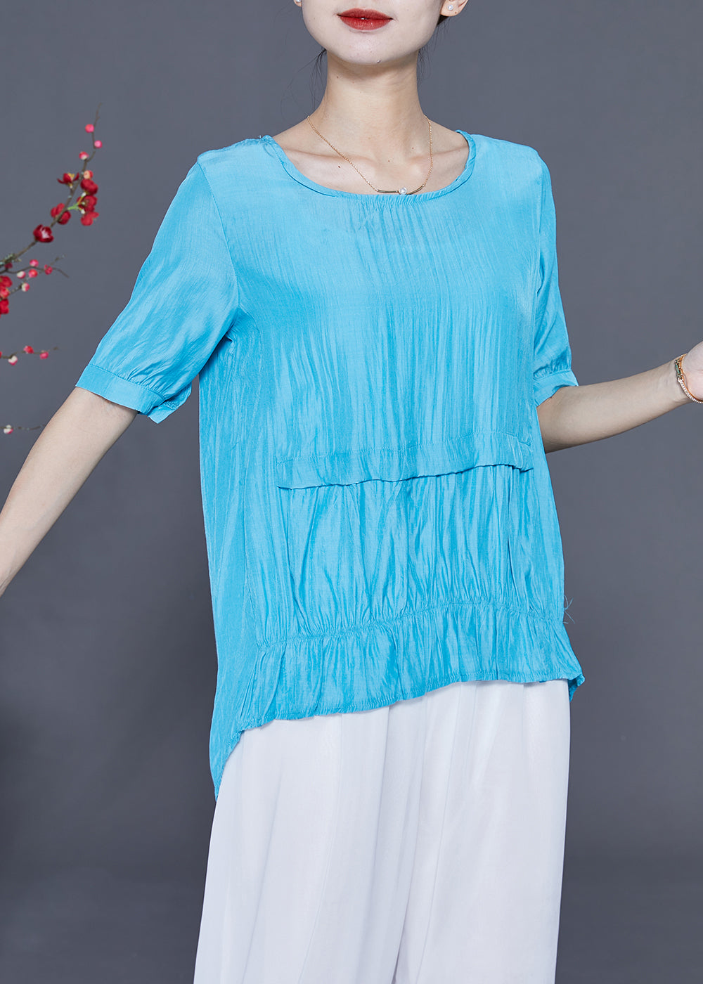 Fine Blue O-Neck Patchwork Silk Shirt Tops Summer LY2323