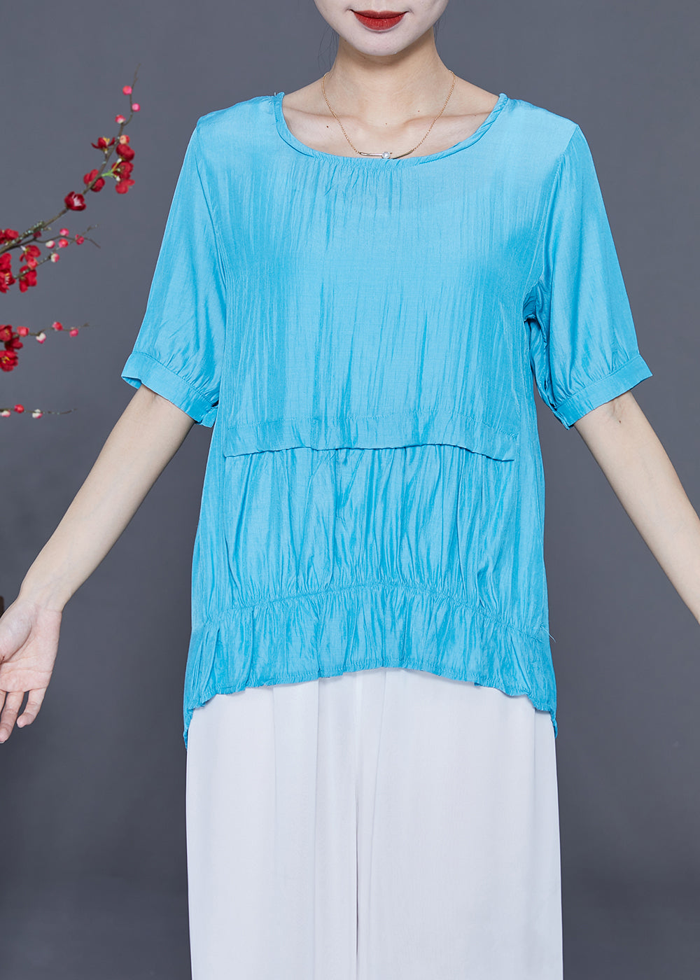 Fine Blue O-Neck Patchwork Silk Shirt Tops Summer LY2323 - fabuloryshop