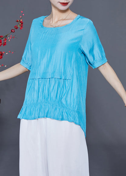 Fine Blue O-Neck Patchwork Silk Shirt Tops Summer LY2323 - fabuloryshop