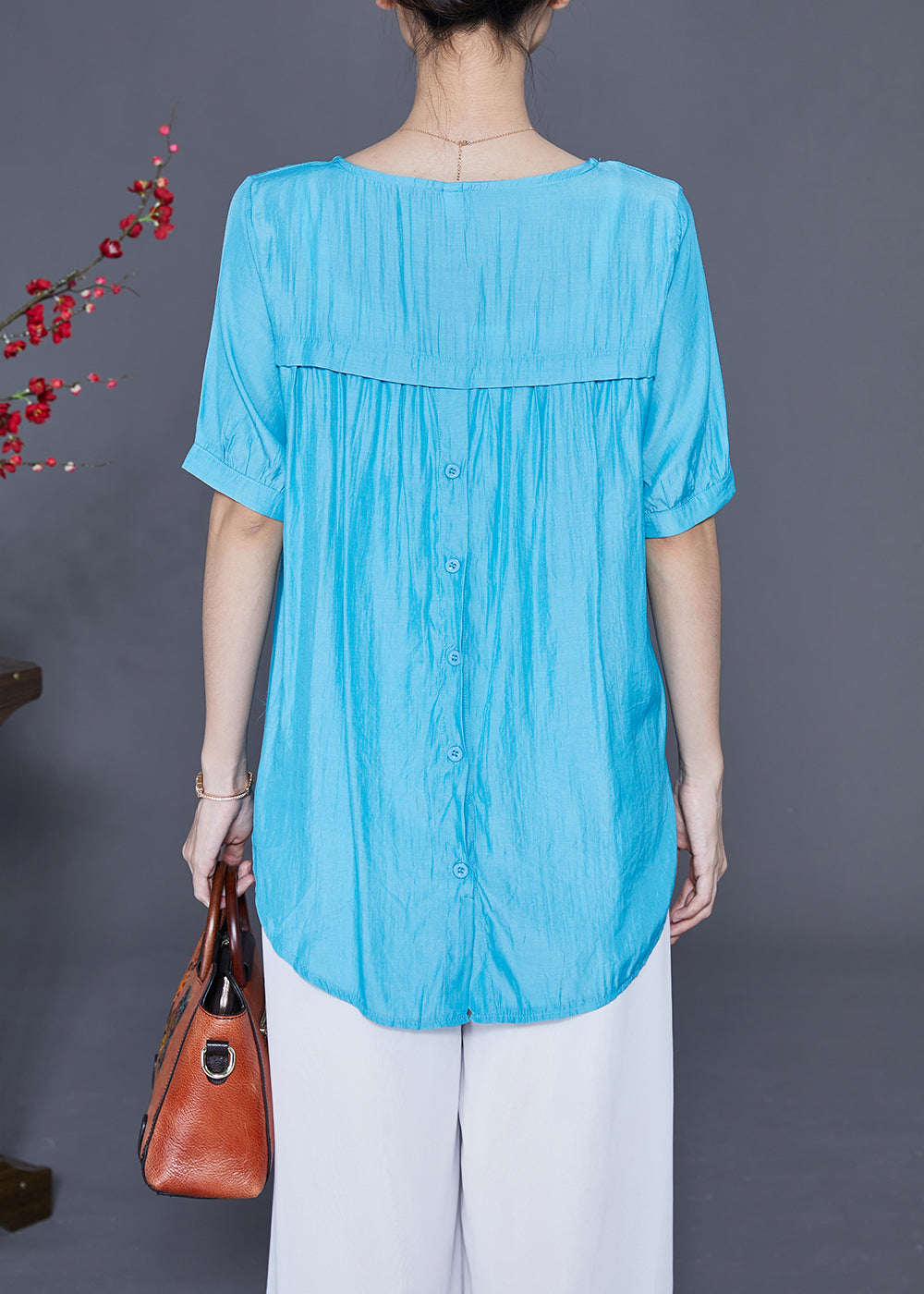 Fine Blue O-Neck Patchwork Silk Shirt Tops Summer LY2323 - fabuloryshop