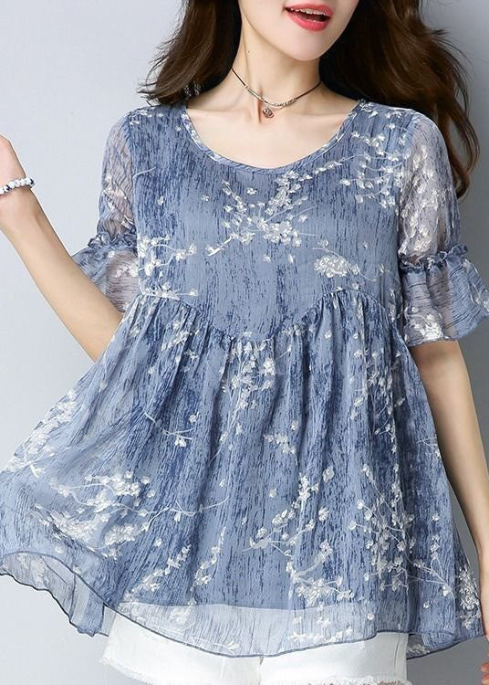 Fine Blue O Neck Print Patchwork Chiffon Shirt Tops Summer LY4603 - fabuloryshop