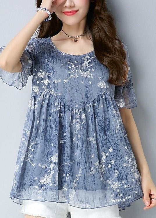 Fine Blue O Neck Print Patchwork Chiffon Shirt Tops Summer LY4603 - fabuloryshop