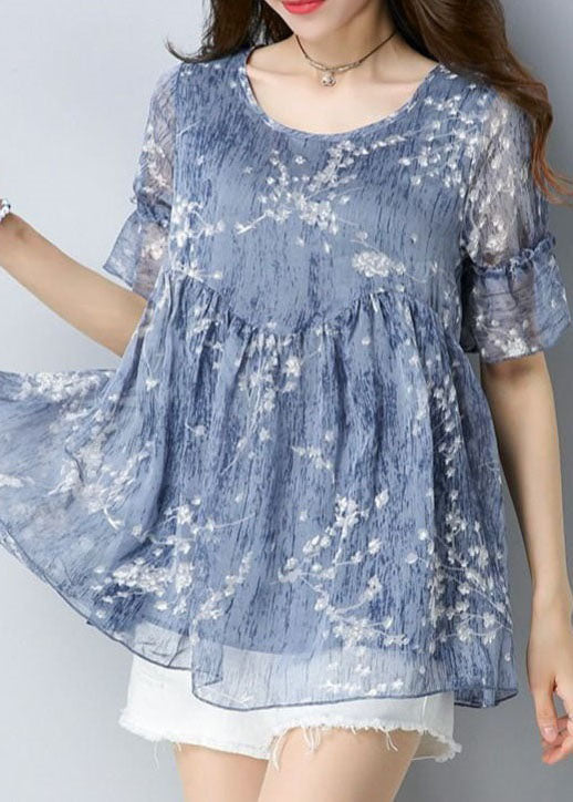 Fine Blue O Neck Print Patchwork Chiffon Shirt Tops Summer LY4603 - fabuloryshop