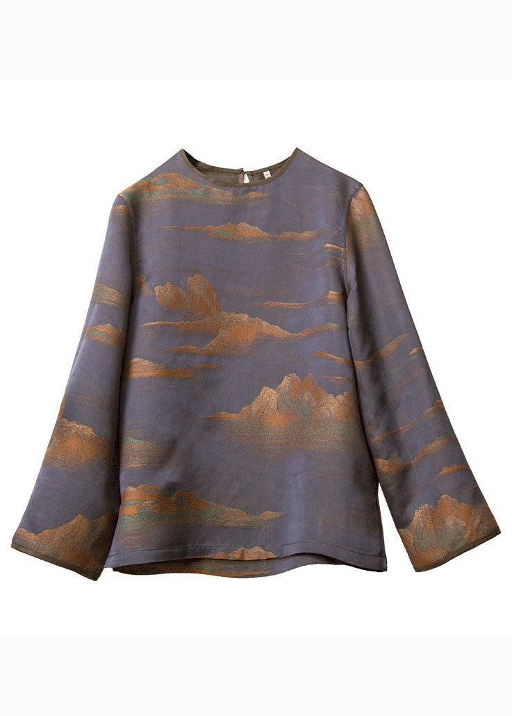 Fine Blue O Neck Print Patchwork Silk Tops Long Sleeve LC0266 - fabuloryshop