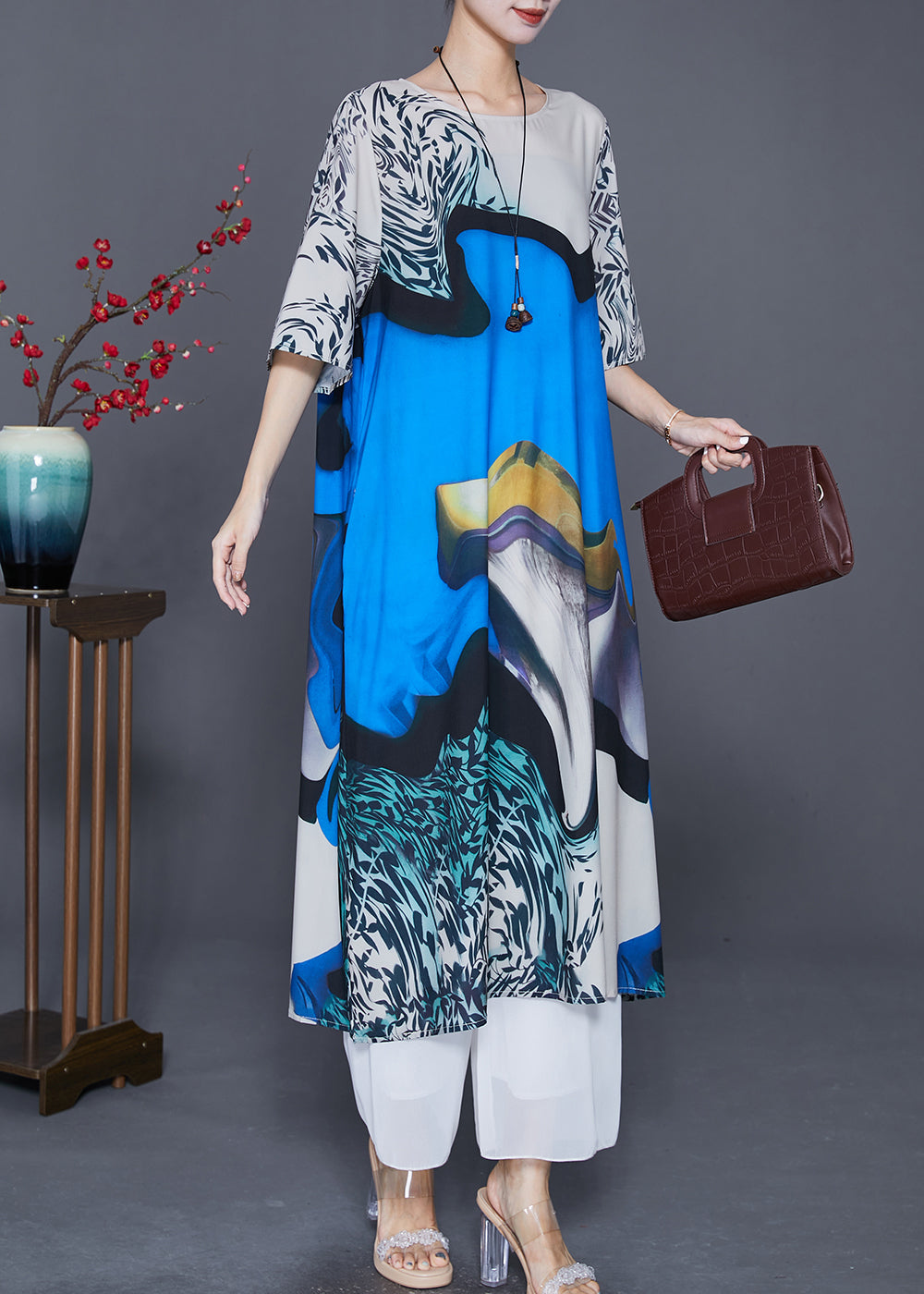 Fine Blue Oversized Print Silk Maxi Dresses Half Sleeve LY7613
