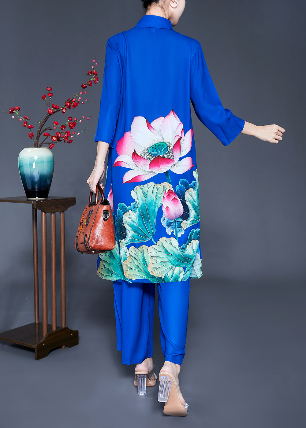 Fine Blue Peter Pan Collar Floral Print Draping Silk Two Pieces Set Spring LY0923 - fabuloryshop