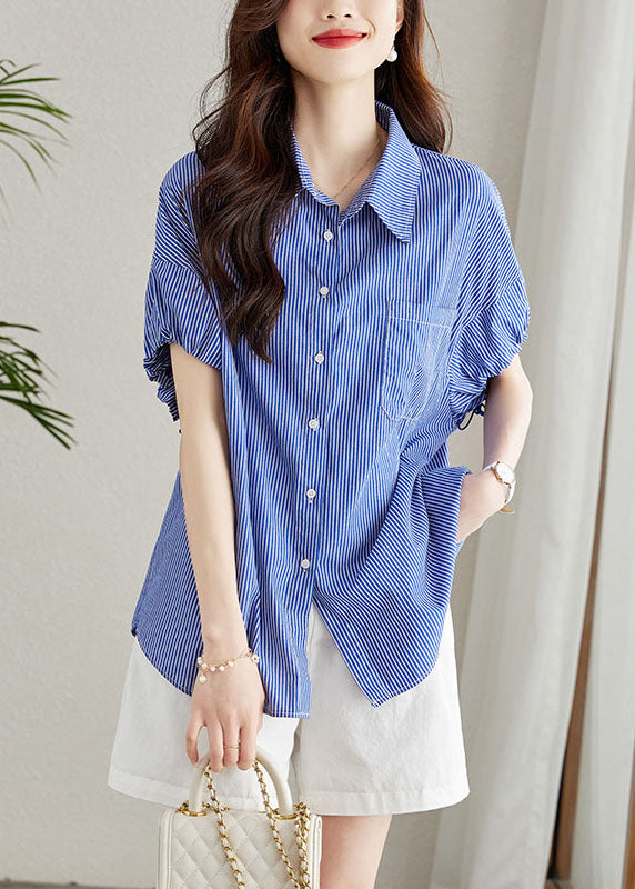 Fine Blue Peter Pan Collar Striped Button Patchwork Cotton Shirt Summer Ada Fashion