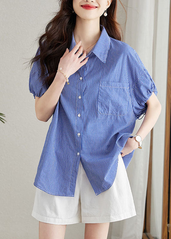 Fine Blue Peter Pan Collar Striped Button Patchwork Cotton Shirt Summer Ada Fashion