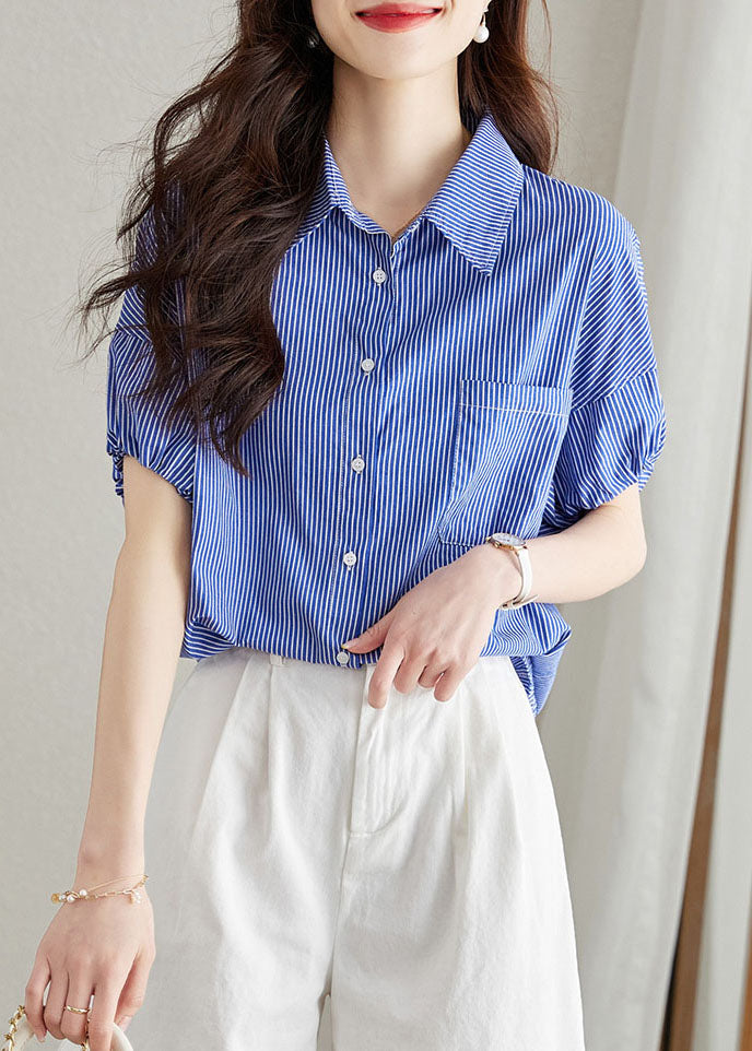 Fine Blue Peter Pan Collar Striped Button Patchwork Cotton Shirt Summer Ada Fashion