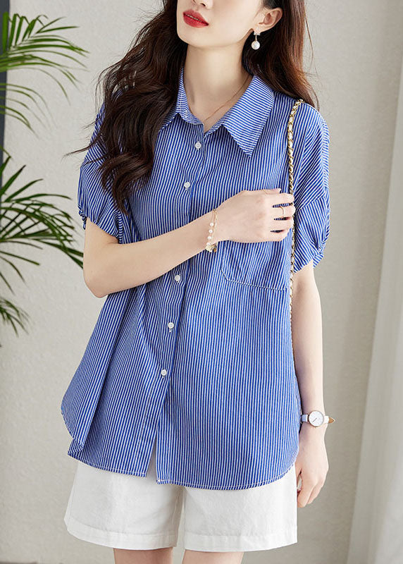 Fine Blue Peter Pan Collar Striped Button Patchwork Cotton Shirt Summer Ada Fashion