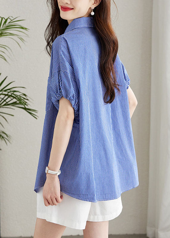 Fine Blue Peter Pan Collar Striped Button Patchwork Cotton Shirt Summer Ada Fashion