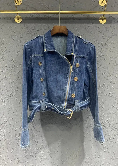 Fine Blue Peter Pan Collar Zip Up Patchwork Denim Jackets Fall Ada Fashion