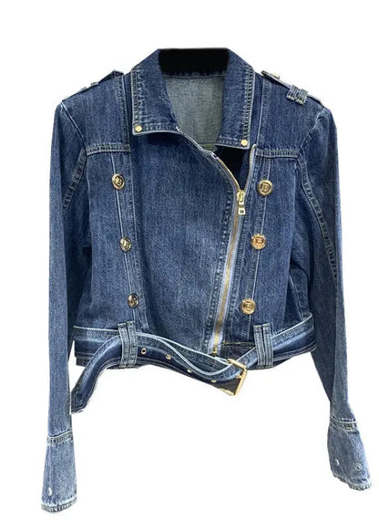 Fine Blue Peter Pan Collar Zip Up Patchwork Denim Jackets Fall Ada Fashion