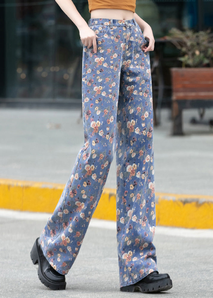 Fine Blue Print Button Straight Pants Spring LY5260 - fabuloryshop