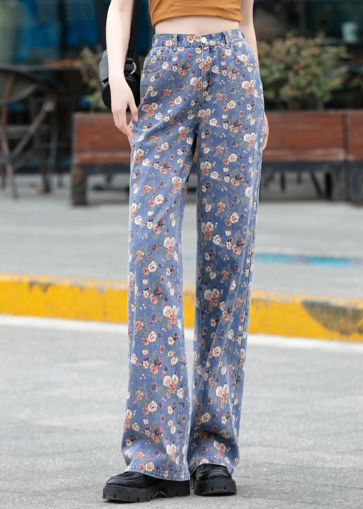 Fine Blue Print Button Straight Pants Spring LY5260 - fabuloryshop