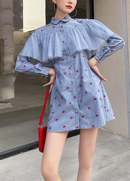 Fine Blue Tulle Patchwork Print Cotton Shift Dresses Spring LY0782 - fabuloryshop