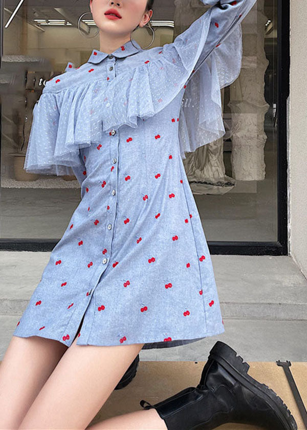 Fine Blue Tulle Patchwork Print Cotton Shift Dresses Spring LY0782 - fabuloryshop