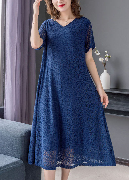 Fine Blue V Neck Wrinkled Patchwork Lace Dress Summer Ada Fashion