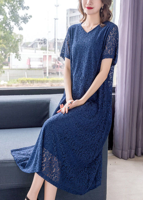 Fine Blue V Neck Wrinkled Patchwork Lace Dress Summer Ada Fashion
