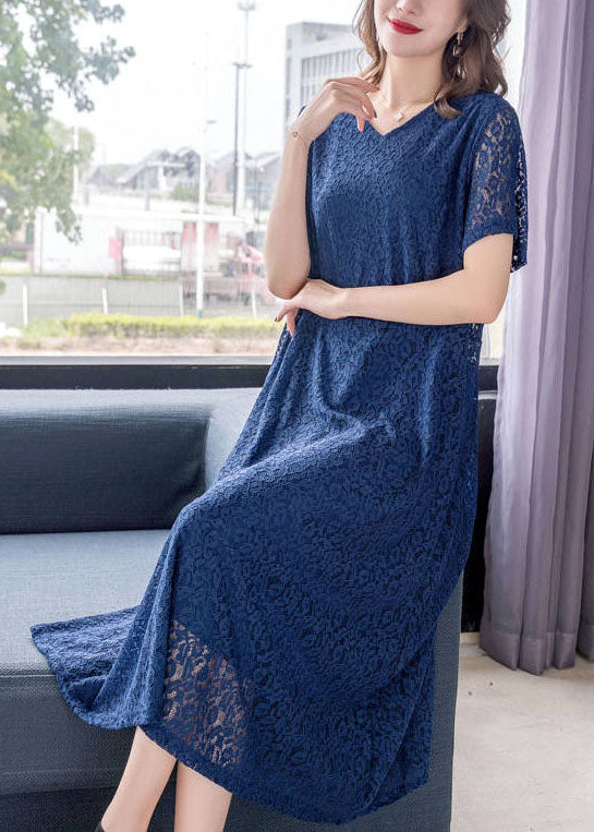 Fine Blue V Neck Wrinkled Patchwork Lace Dress Summer Ada Fashion