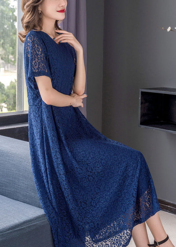 Fine Blue V Neck Wrinkled Patchwork Lace Dress Summer Ada Fashion