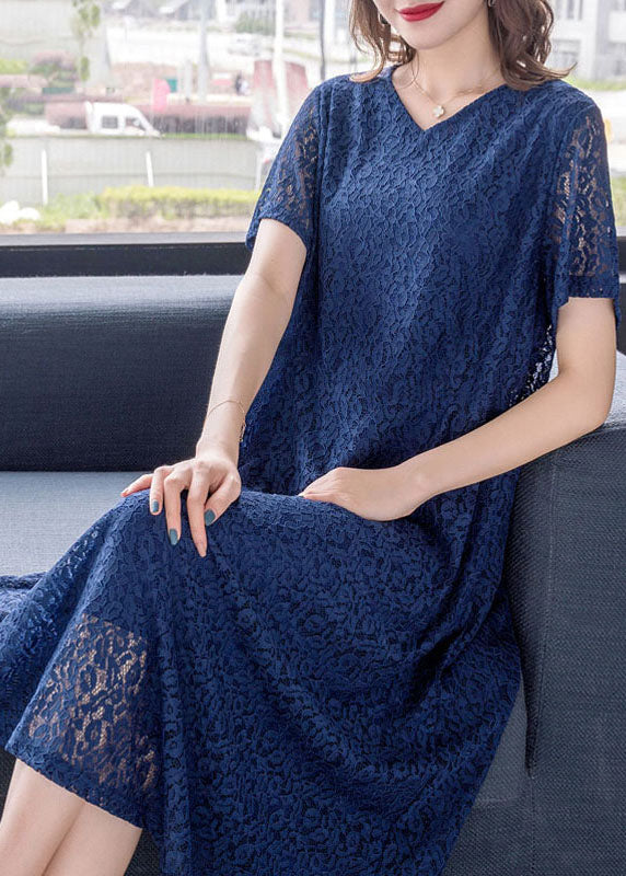 Fine Blue V Neck Wrinkled Patchwork Lace Dress Summer Ada Fashion