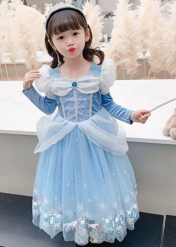 Fine Blue Wrinkled Cartoon Patchwork Tulle Kids Girls Princess Dress Fall Ada Fashion