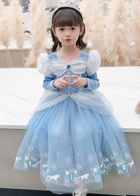 Fine Blue Wrinkled Cartoon Patchwork Tulle Kids Girls Princess Dress Fall Ada Fashion