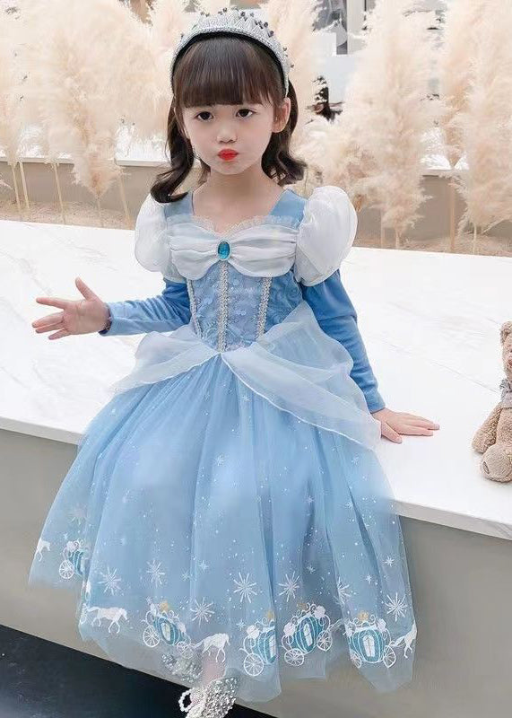 Fine Blue Wrinkled Cartoon Patchwork Tulle Kids Girls Princess Dress Fall Ada Fashion