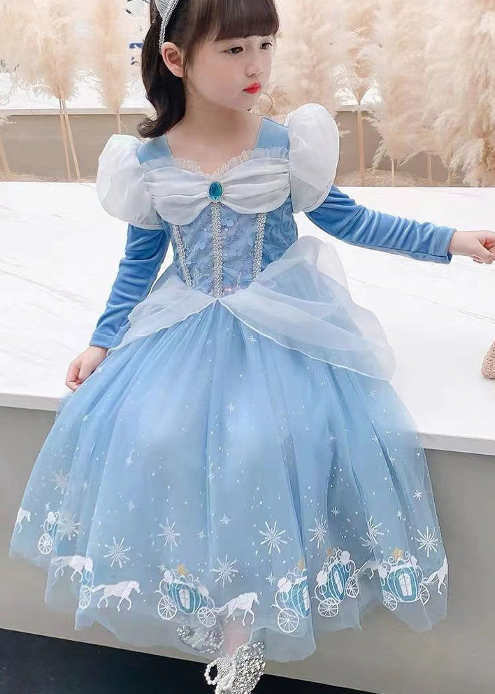 Fine Blue Wrinkled Cartoon Patchwork Tulle Kids Girls Princess Dress Fall Ada Fashion