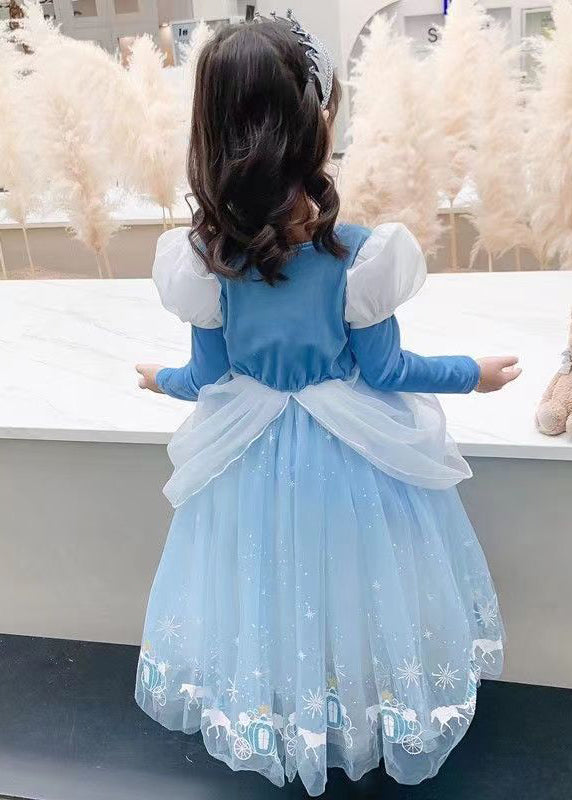 Fine Blue Wrinkled Cartoon Patchwork Tulle Kids Girls Princess Dress Fall Ada Fashion