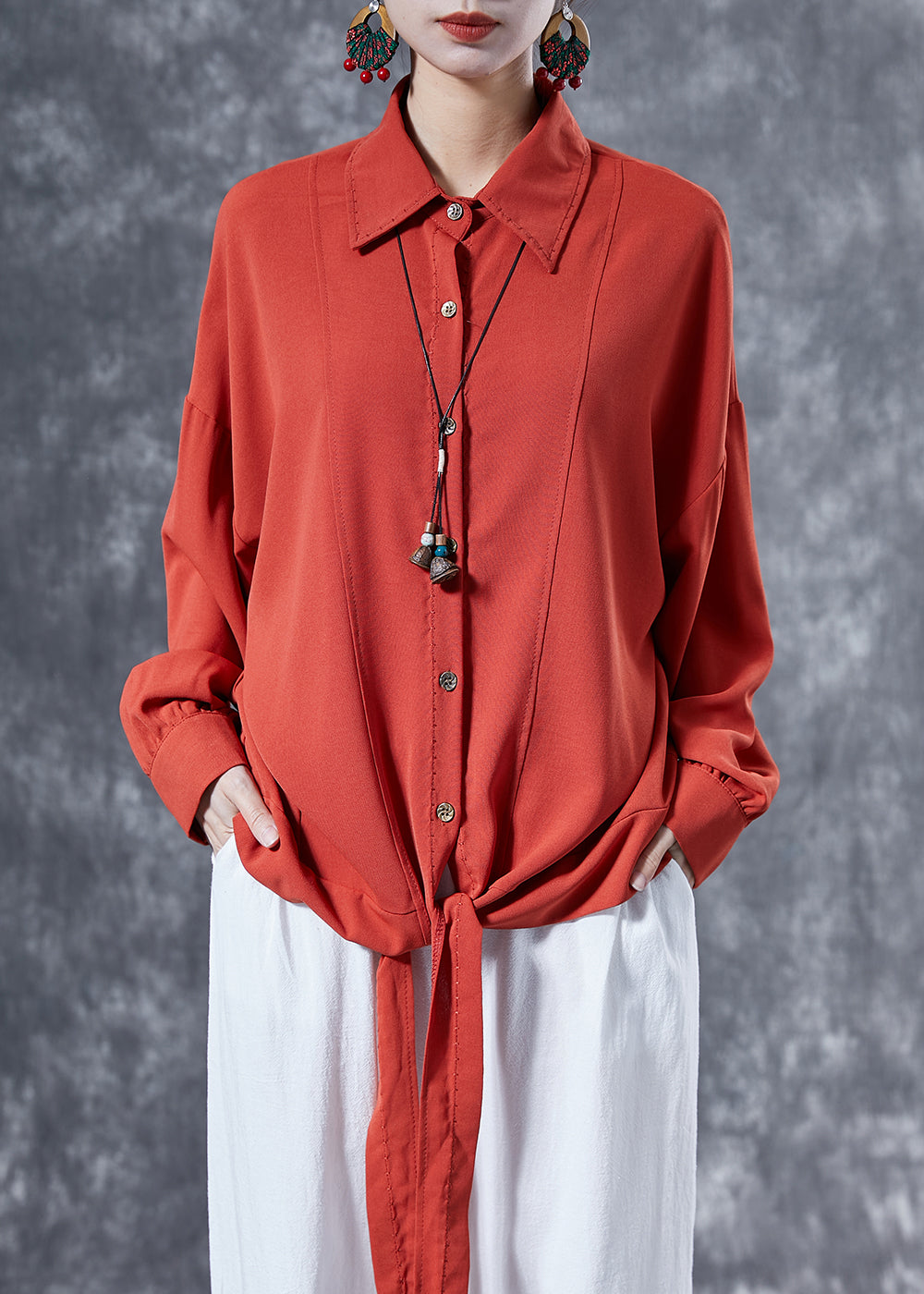 Fine Brick Red Oversized Patchwork Lace Up Chiffon Shirt Tops Spring LY4095 - fabuloryshop