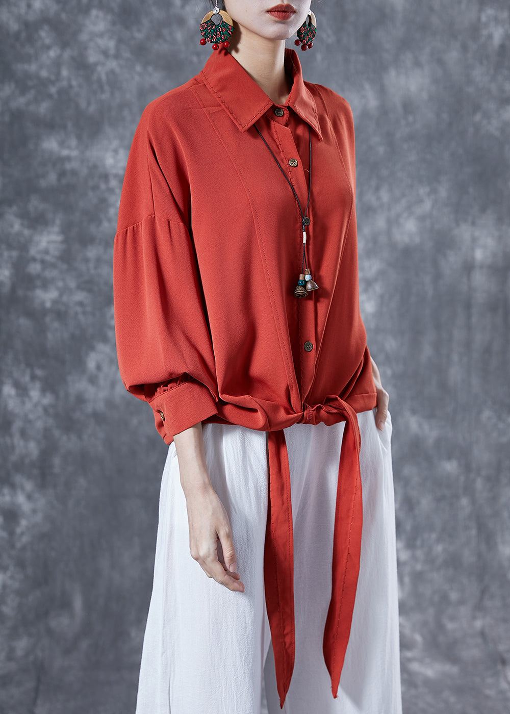 Fine Brick Red Oversized Patchwork Lace Up Chiffon Shirt Tops Spring LY4095 - fabuloryshop