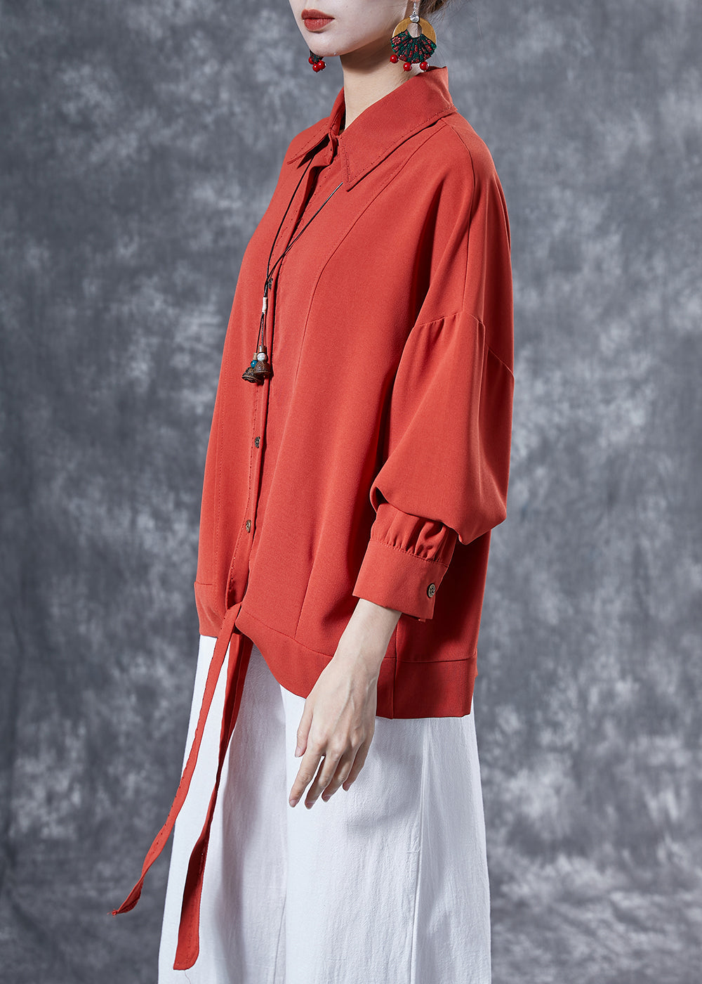 Fine Brick Red Oversized Patchwork Lace Up Chiffon Shirt Tops Spring LY4095 - fabuloryshop
