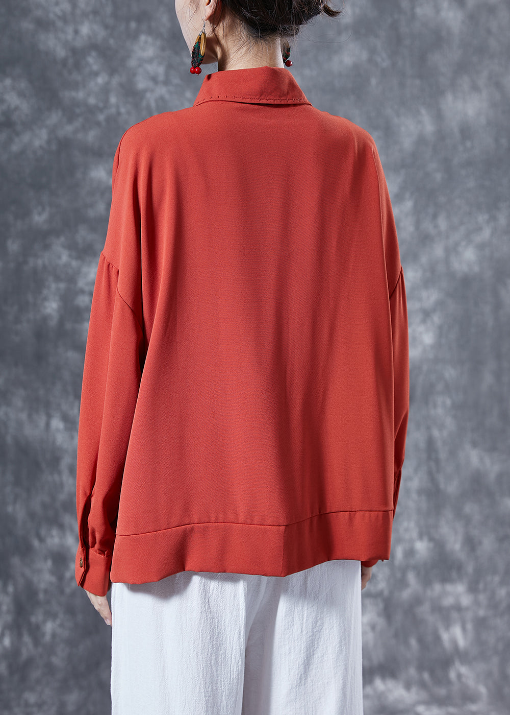 Fine Brick Red Oversized Patchwork Lace Up Chiffon Shirt Tops Spring LY4095 - fabuloryshop