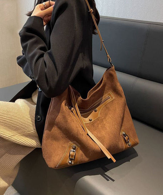 Fine Brown Rivet Patchwork Zip Up Faux Leather Satchel Handbag LY1390 - fabuloryshop