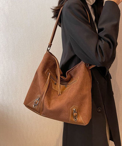 Fine Brown Rivet Patchwork Zip Up Faux Leather Satchel Handbag LY1390 - fabuloryshop