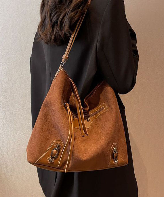 Fine Brown Rivet Patchwork Zip Up Faux Leather Satchel Handbag LY1390 - fabuloryshop