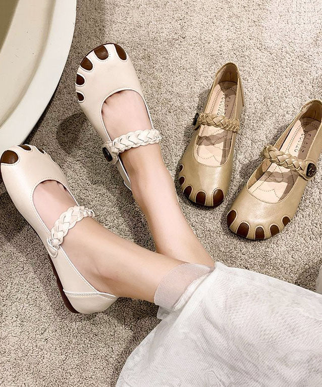 Fine Buckle Strap Flat Shoes For Women Beige Cowhide Leather LC0528 - fabuloryshop