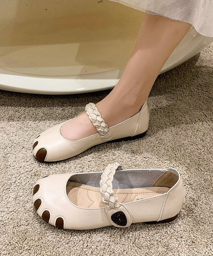 Fine Buckle Strap Flat Shoes For Women Beige Cowhide Leather LC0528 - fabuloryshop