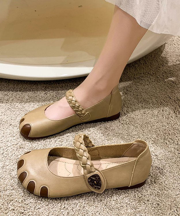 Fine Buckle Strap Flat Shoes For Women Beige Cowhide Leather LC0528 - fabuloryshop